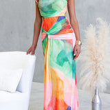 One-Shoulder Printed Maxi Dress with Waist Cutout