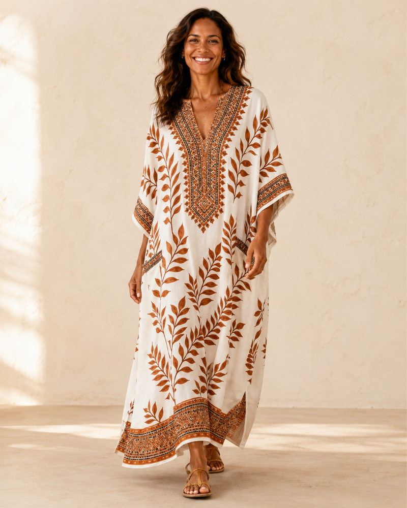 Nora Cream Botanical Caftan