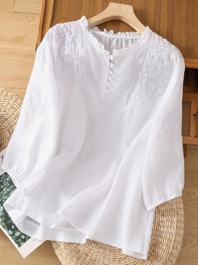 Kissina | Embroidered Cotton and Linen Blouse