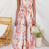 Strapless Floral Print Dress with Waist Tie and Leg Opening, Wide Leg
