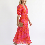 Willow™ | Floral Midi Dress with V-Neck and Puff Sleeves