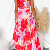 Asymmetrical One-Shoulder Pleated Maxi Dress with Print