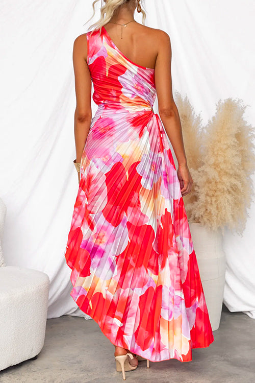 Asymmetrical One-Shoulder Pleated Maxi Dress with Print
