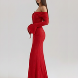 Long lace dress with bardot neckline