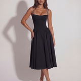 Midi dress with corset and flowing skirt
