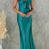 Sleeveless One-Shoulder Maxi Satin Dress with Ruffle