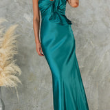 Sleeveless One-Shoulder Maxi Satin Dress with Ruffle