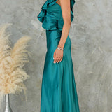 Sleeveless One-Shoulder Maxi Satin Dress with Ruffle