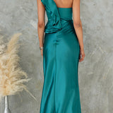Sleeveless One-Shoulder Maxi Satin Dress with Ruffle