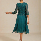 Midi dress with lace and three-quarter sleeves