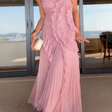 Margovil Maxi Pleated Dress with Straps and Halter Neck, Ruffled Trim and Asymmetrical Hem