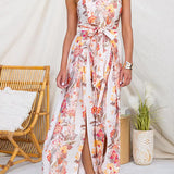 Strapless Floral Print Dress with Waist Tie and Leg Opening, Wide Leg