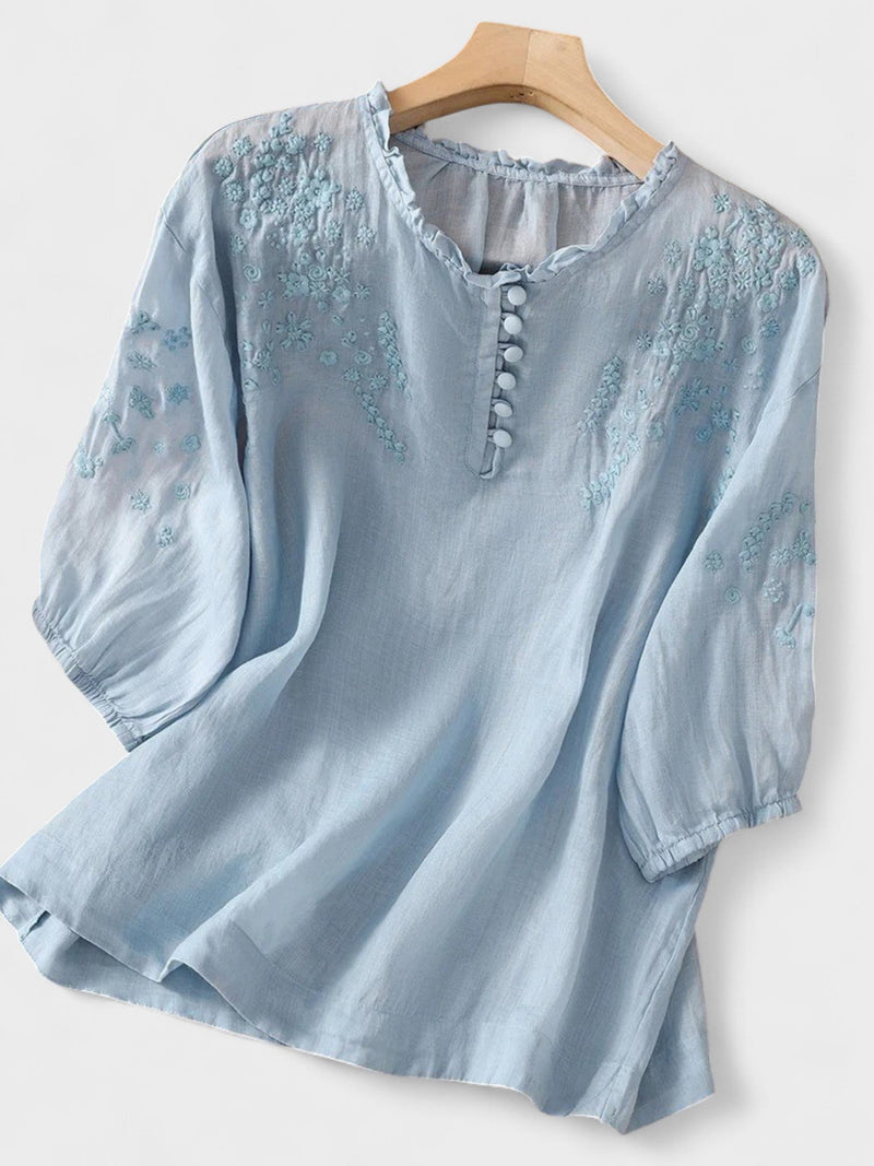 Kissina | Embroidered Cotton and Linen Blouse