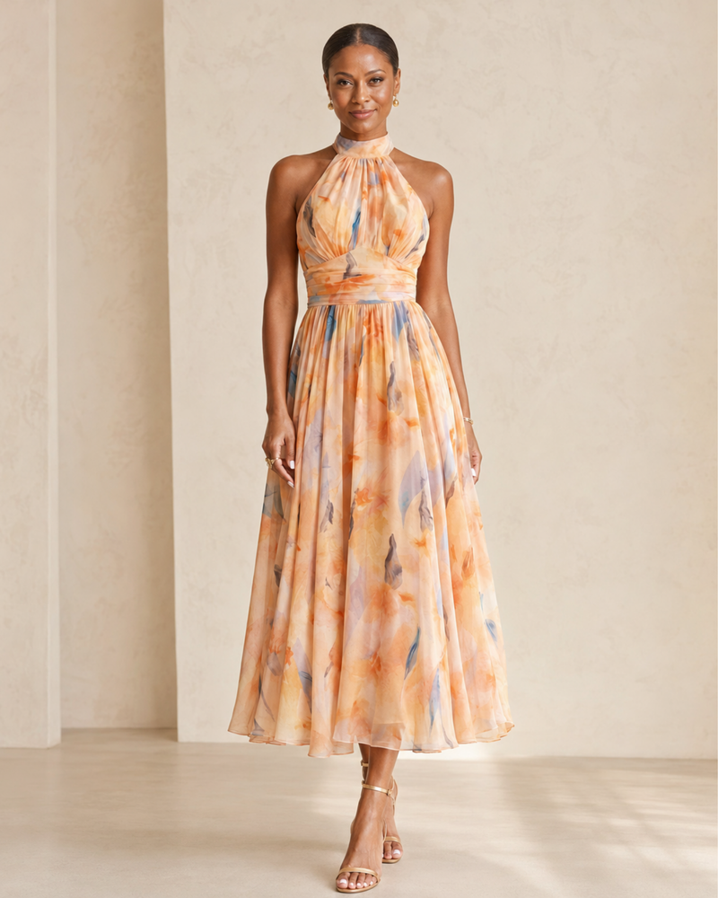 Esther™ | Halter Neck Dress with Watercolor Print