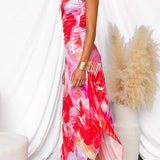 Asymmetrical One-Shoulder Pleated Maxi Dress with Print