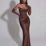 Satin Long Dress with Draped Neckline