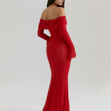 Long lace dress with bardot neckline