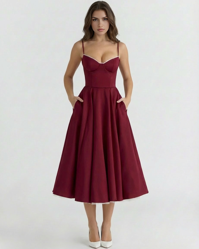 Midi dress with corset and wide skirt