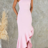 One-Shoulder Fitted Maxi Dress with Asymmetrical Hem and Ruffles