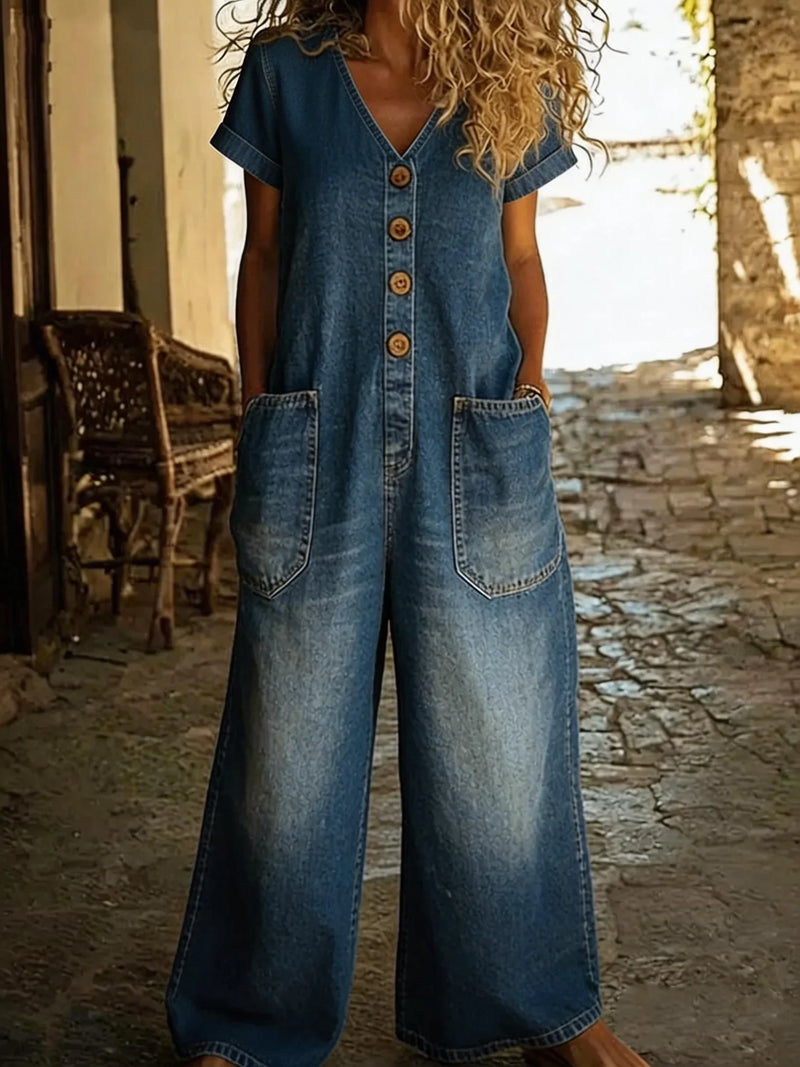 Denise™ | Denim Jumpsuit with V-Neck and Short Sleeves