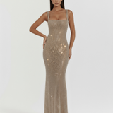 Shiny Long Dress with Square Neckline