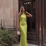 Long satin dress with halter neck Green