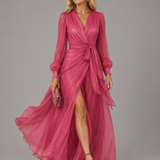 Beatrice™ | Elegant long chiffon dress with V-neck and waist tie