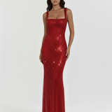 Shiny Long Dress with Square Neckline
