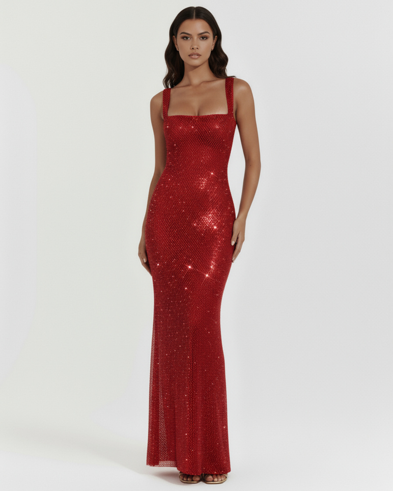 Shiny Long Dress with Square Neckline