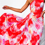 Asymmetrical One-Shoulder Pleated Maxi Dress with Print