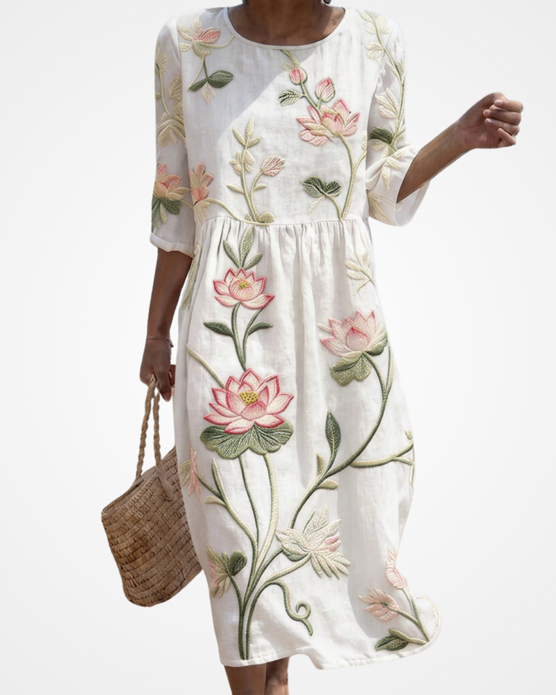Adriana - Dress with Plant and Flower Embroidery