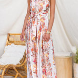 Strapless Floral Print Dress with Waist Tie and Leg Opening, Wide Leg