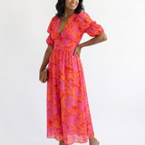 Willow™ | Floral Midi Dress with V-Neck and Puff Sleeves