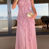 Margovil Maxi Pleated Dress with Straps and Halter Neck, Ruffled Trim and Asymmetrical Hem