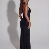 Shiny Long Dress with Halter Neckline