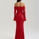 Long lace dress with bardot neckline
