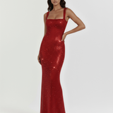 Shiny Long Dress with Square Neckline