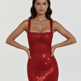 Shiny Long Dress with Square Neckline