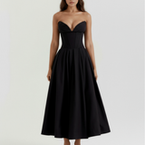 Midi strapless dress with a full skirt