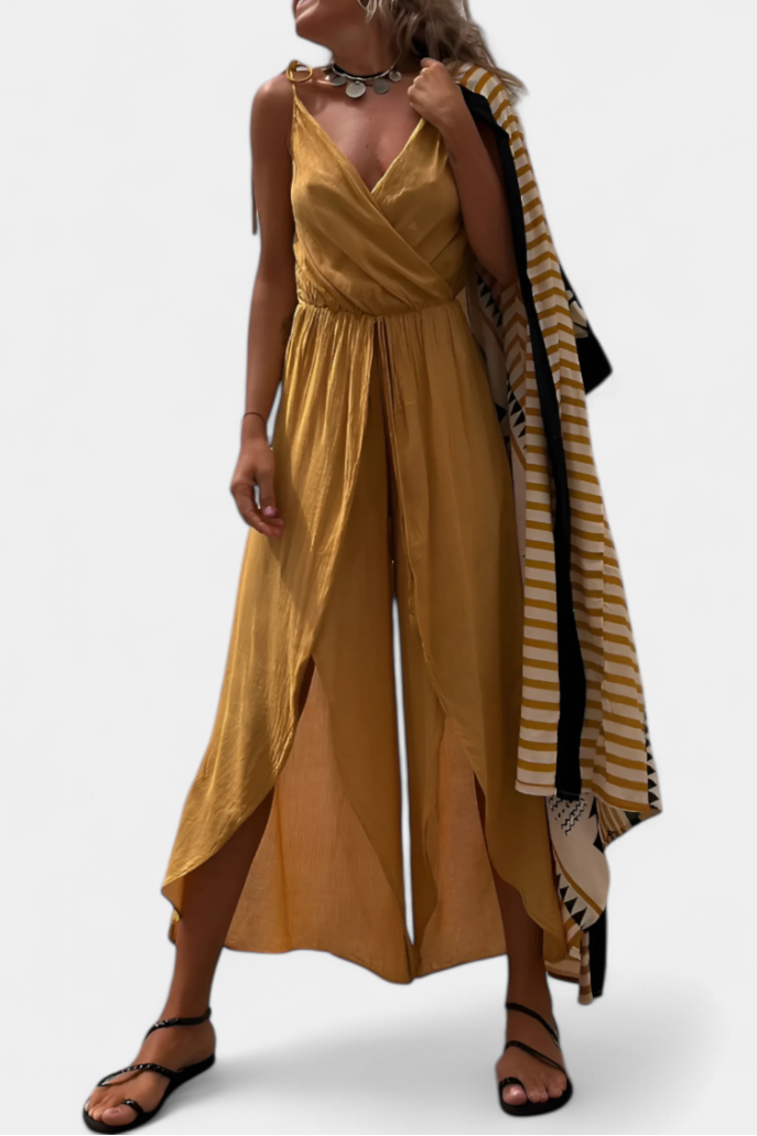 Donatila Washed Cotton Jumpsuit with Side Openings and Crossed Neckline