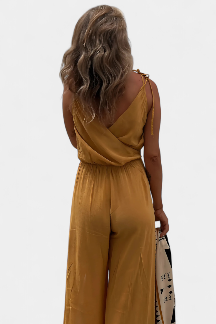 Donatila Washed Cotton Jumpsuit with Side Openings and Crossed Neckline