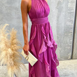 Halter Neck Maxi Dress with Fitted Waist and Ruffles