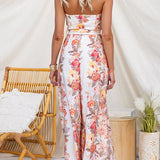 Strapless Floral Print Dress with Waist Tie and Leg Opening, Wide Leg