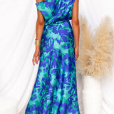One-Shoulder Floral Maxi Dress with Tied Waist and Slit