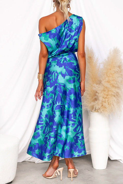 One-Shoulder Floral Maxi Dress with Tied Waist and Slit