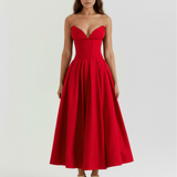 Midi strapless dress with a full skirt