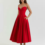Midi strapless dress with a full skirt