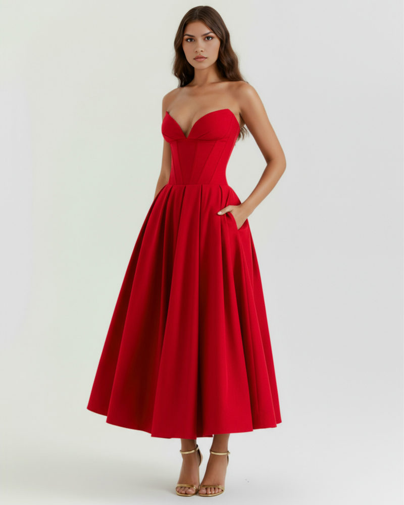 Midi strapless dress with a full skirt