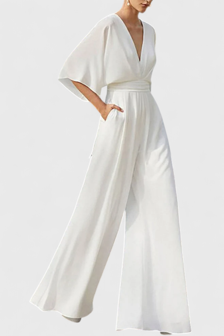 Elegant Long Jumpsuit with Wide Legs and V-Neck