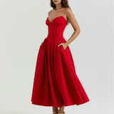 Midi strapless dress with a full skirt
